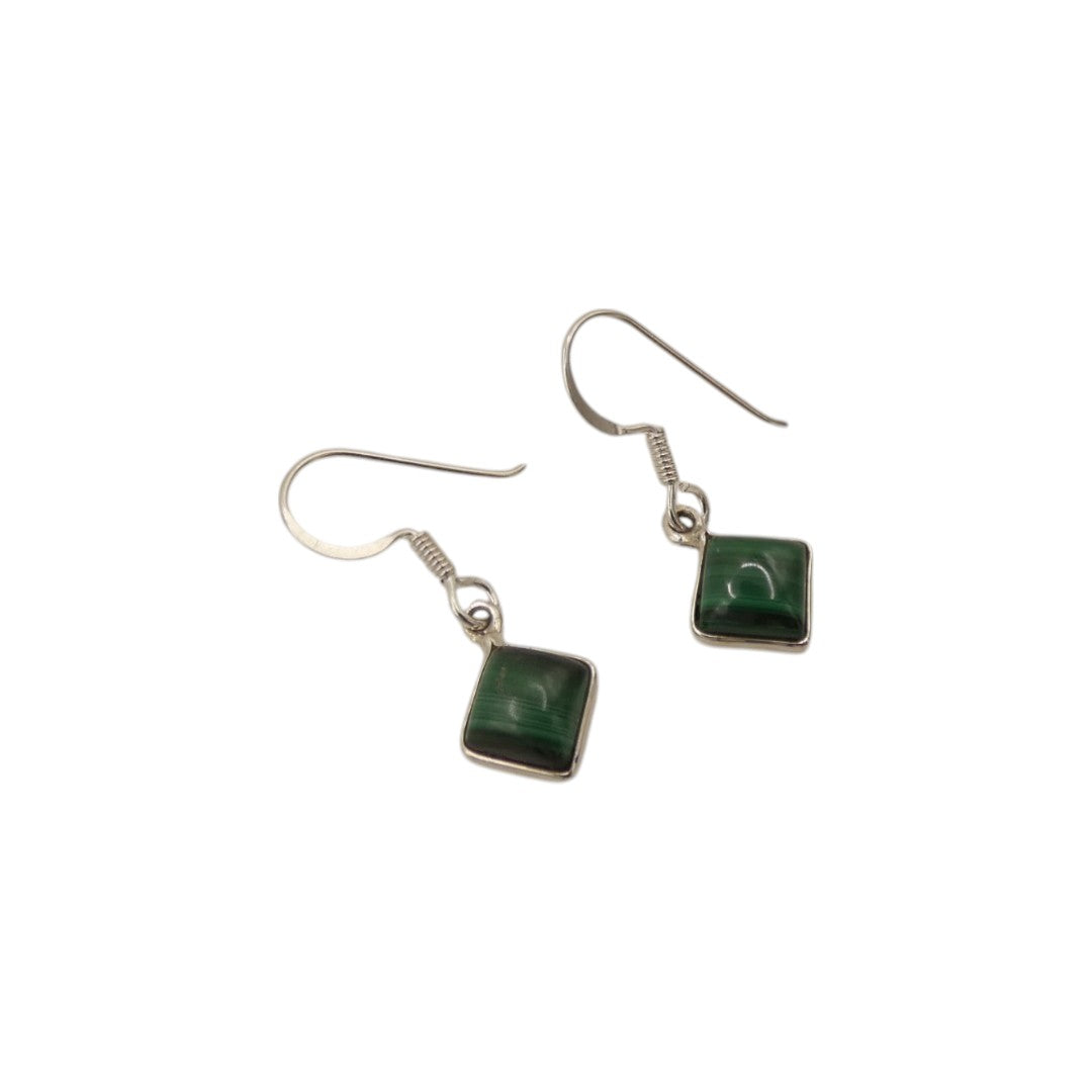 Sterling Silver Malachite Diamond Shape Drop Earrings 1.1"