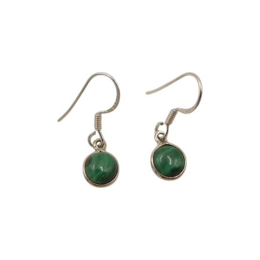 Sterling Silver Malachite Round Stone Drop Earrings 1.1"