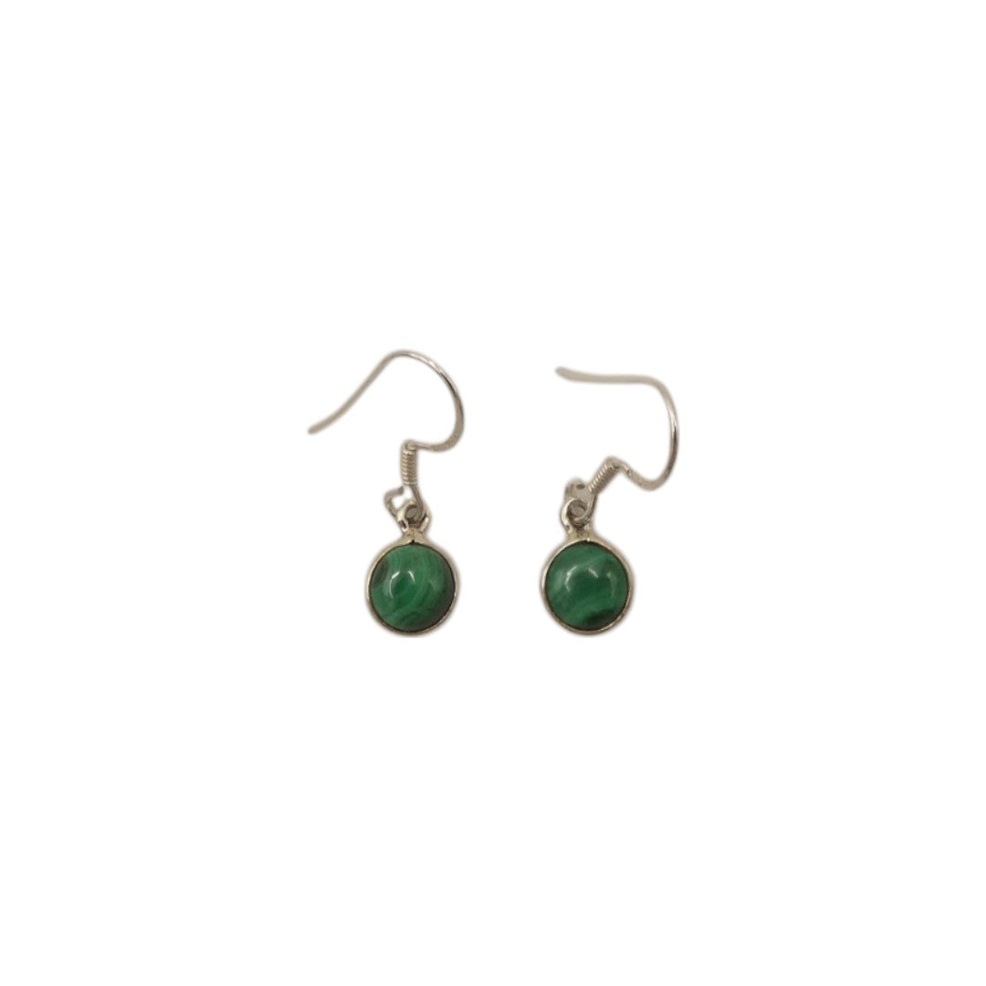 Sterling Silver Malachite Round Stone Drop Earrings 1.1"