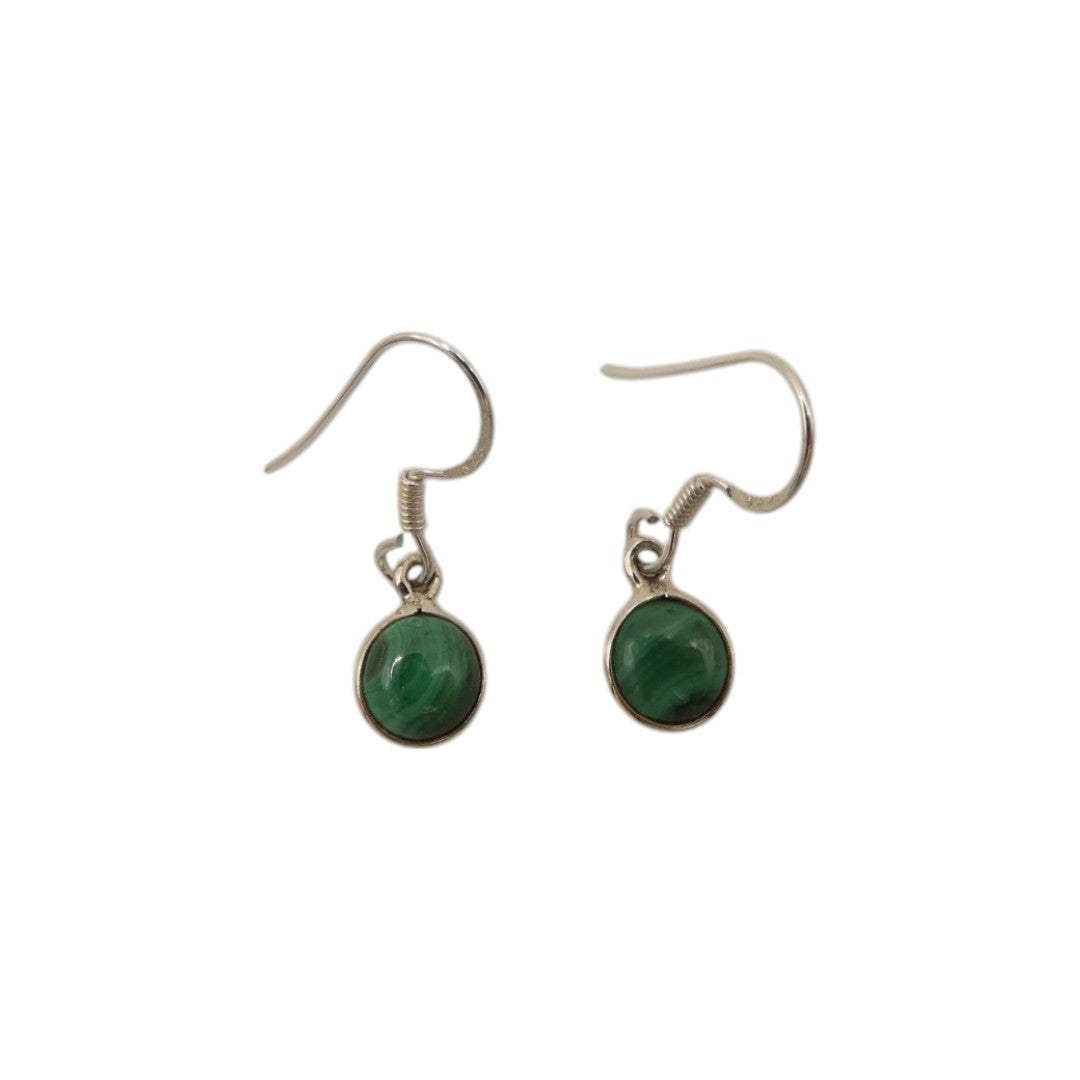 Sterling Silver Malachite Round Stone Drop Earrings 1.1"