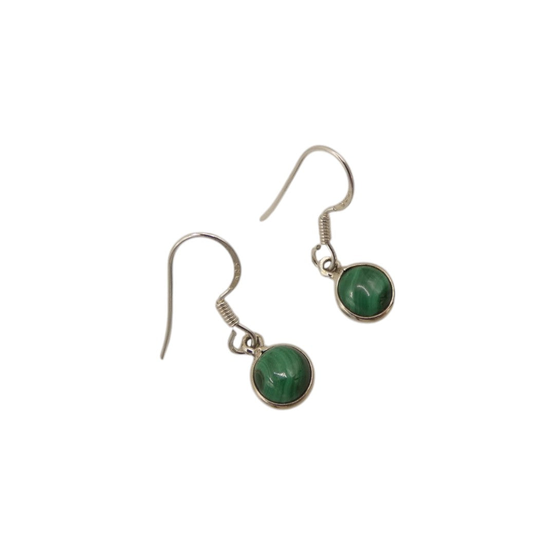 Sterling Silver Malachite Round Stone Drop Earrings 1.1"