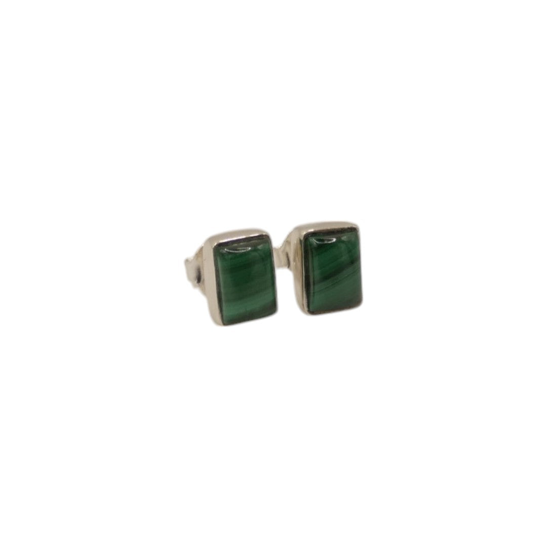 Sterling Silver Malachite Rectangular Stud Earrings 0.3"