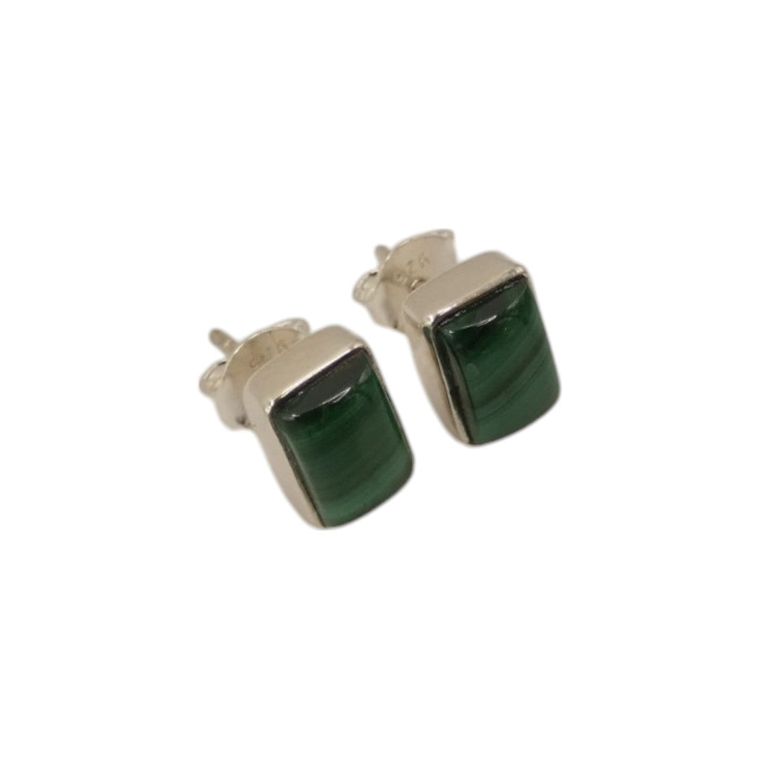 Sterling Silver Malachite Rectangular Stud Earrings 0.3"