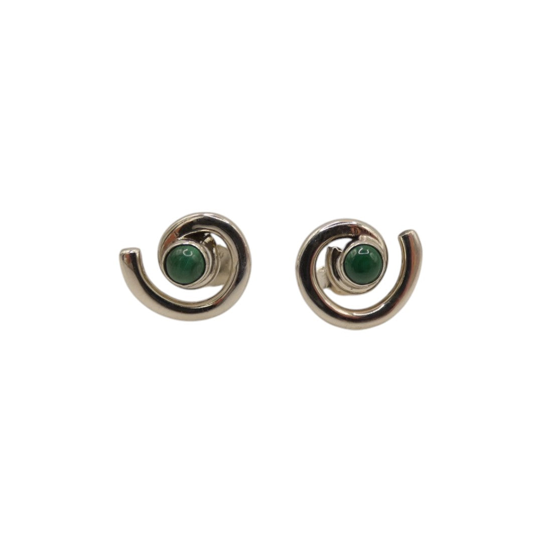 Sterling Silver Malachite Swirl Stud Earrings With Centre Stone 0.6"