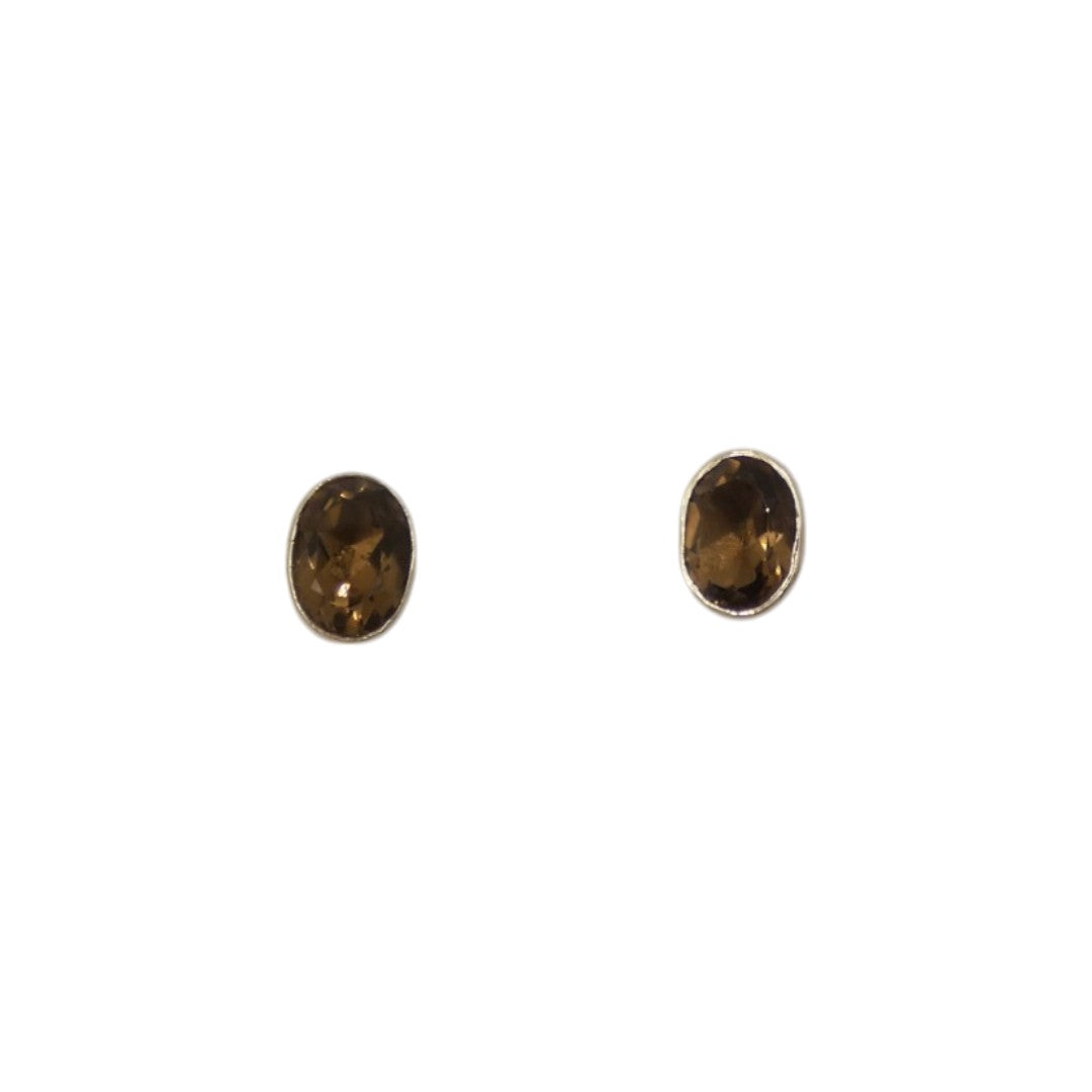 Sterling Silver Smoky Quartz Oval Stud Earrings 0.4"