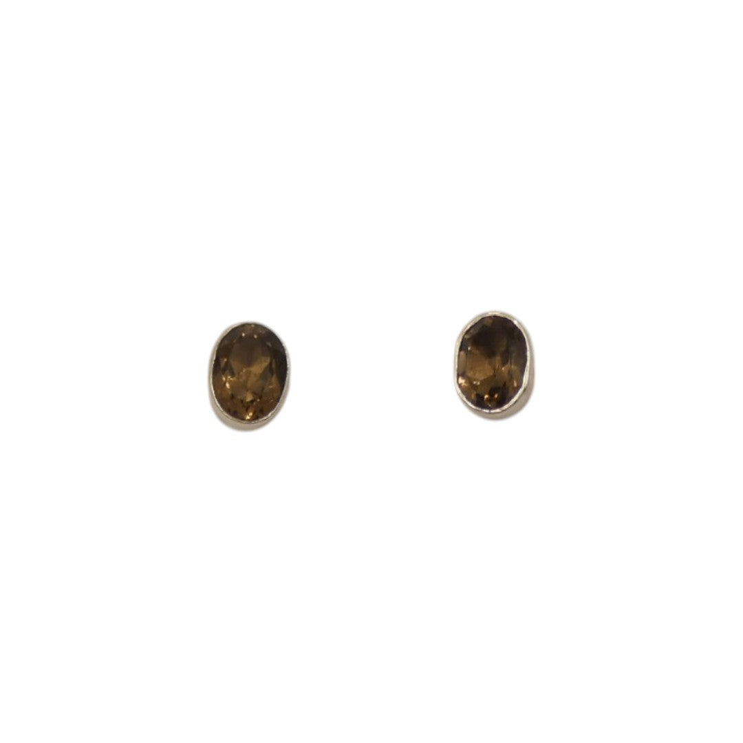 Sterling Silver Smoky Quartz Oval Stud Earrings 0.4"