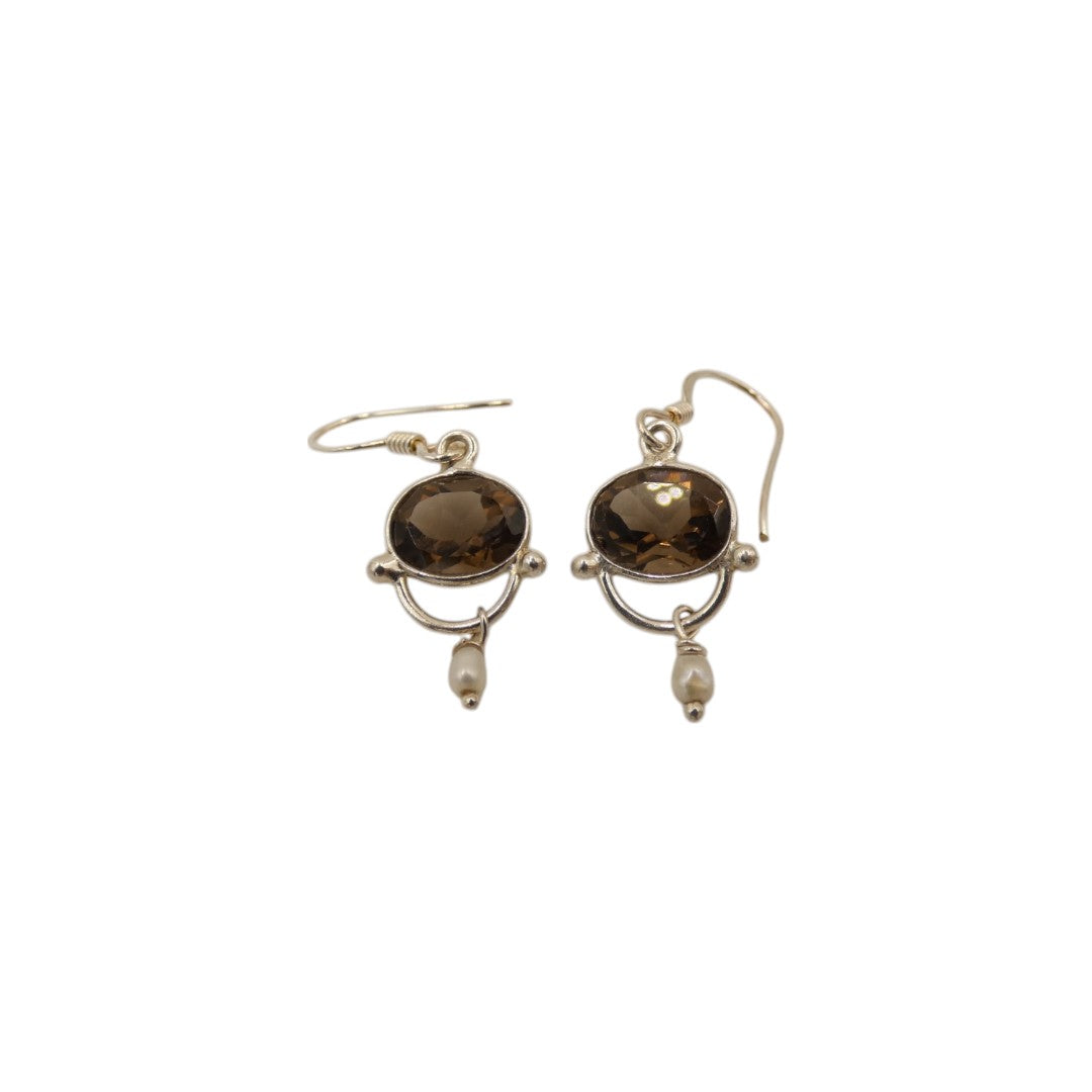 Sterling Silver Smoky Quartz Drop Earrings With Pearl 1.6"