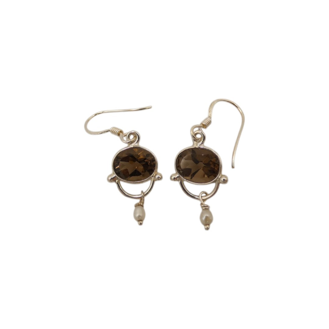 Sterling Silver Smoky Quartz Drop Earrings With Pearl 1.6"