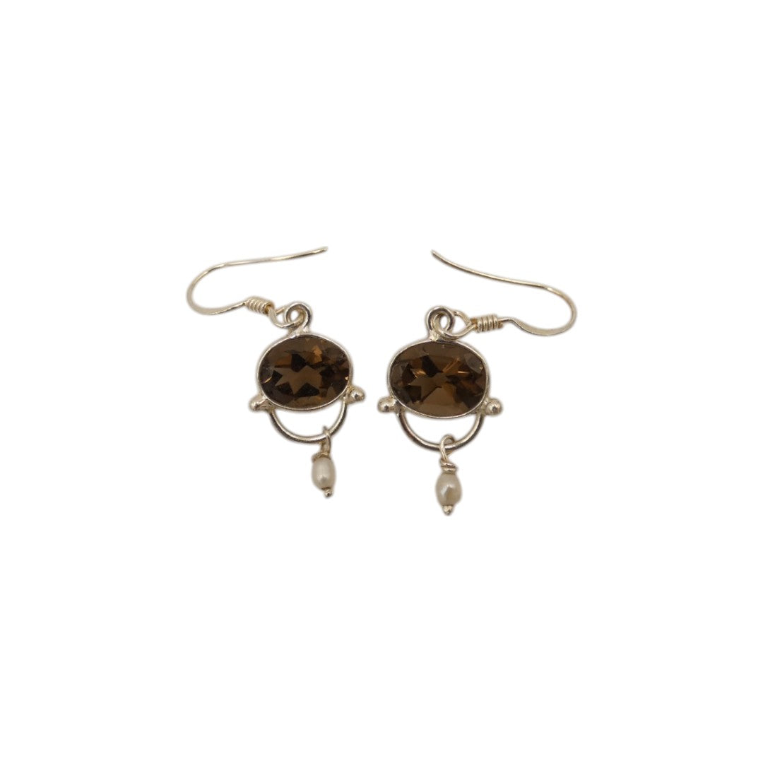 Sterling Silver Smoky Quartz Drop Earrings With Pearl 1.6"