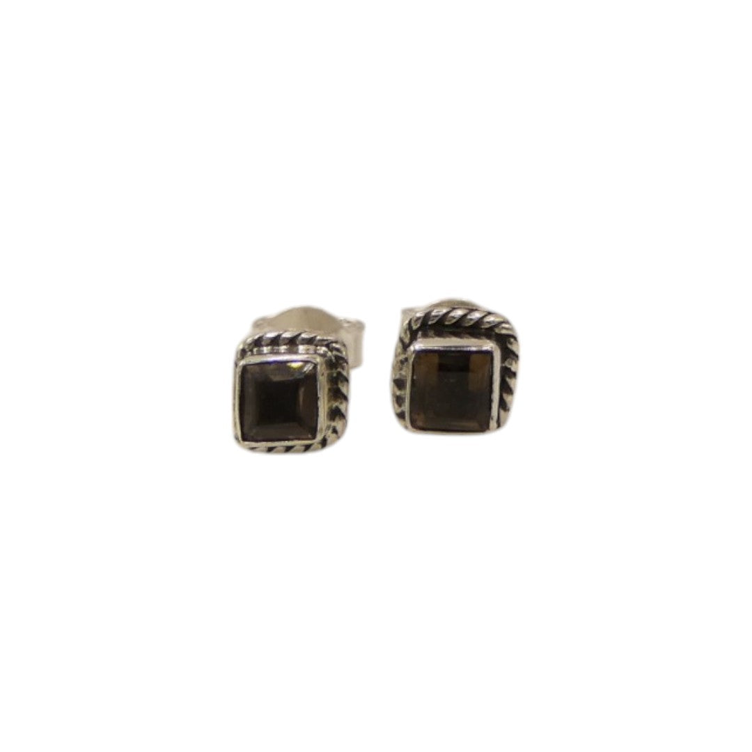 Sterling Silver Smoky Quartz Square Stud Earrings 0.3"