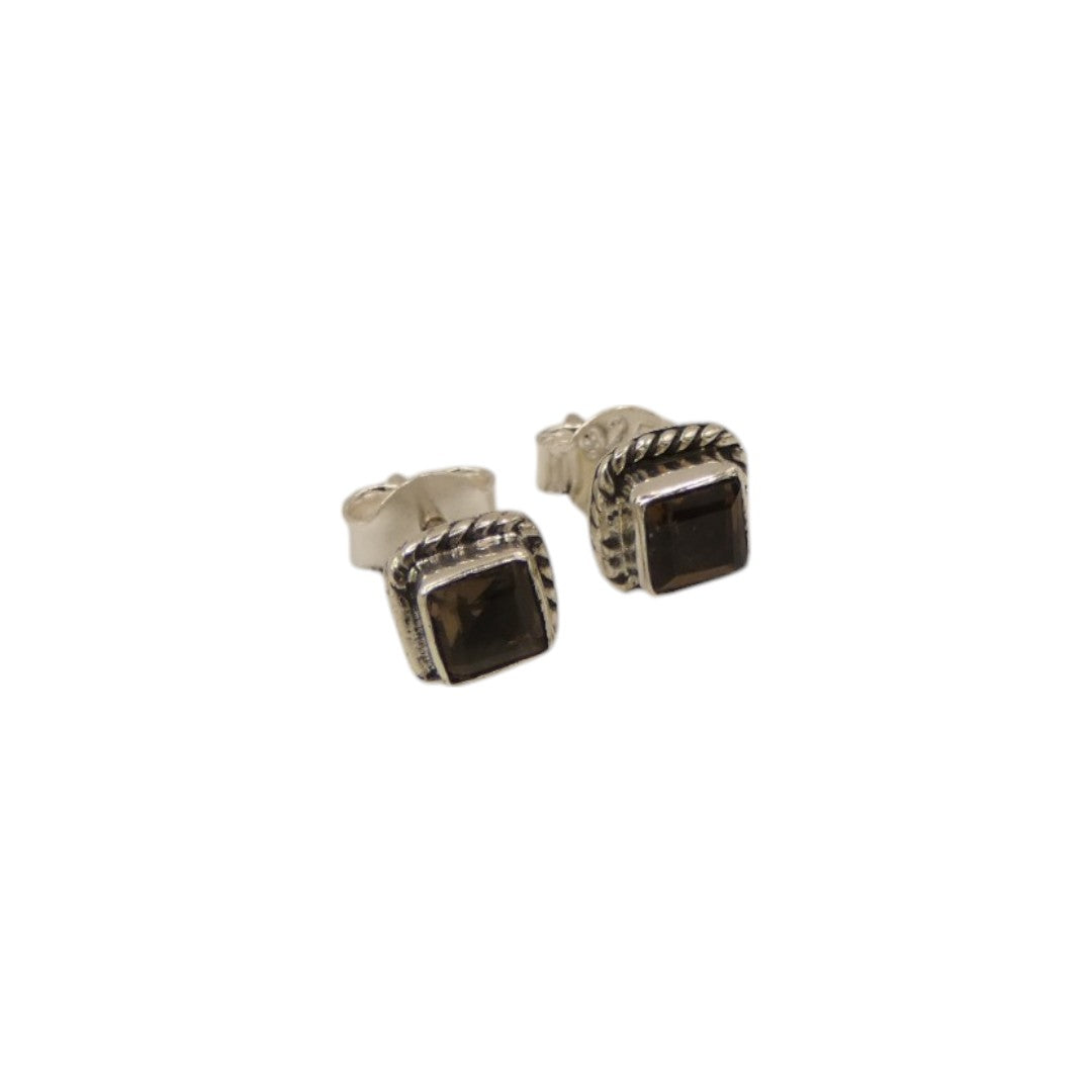 Sterling Silver Smoky Quartz Square Stud Earrings 0.3"