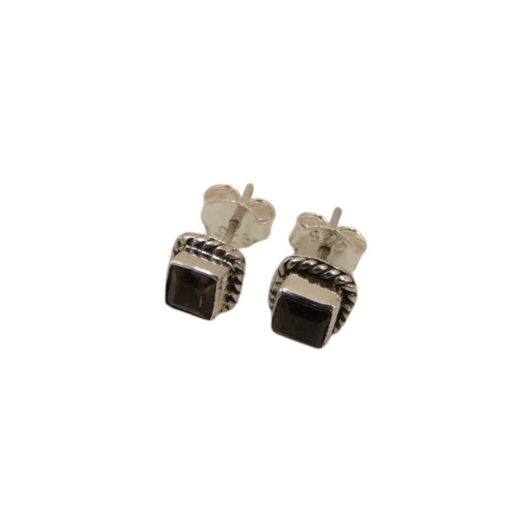 Sterling Silver Smoky Quartz Square Stud Earrings 0.3"