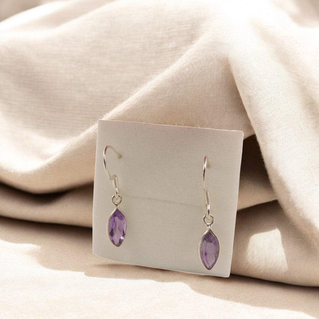 Sterling Silver Amethyst Diamond Shape Drop Earrings 1.2"