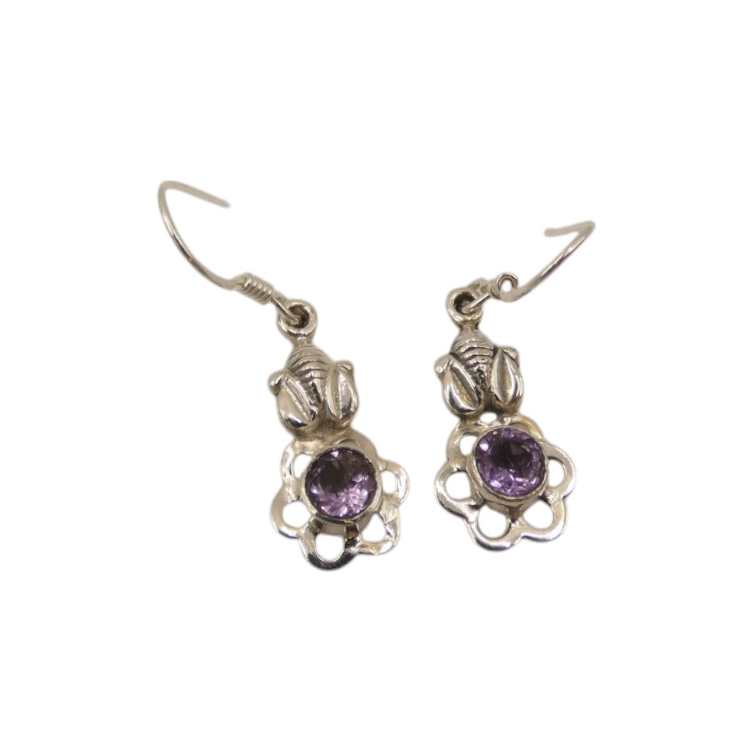 Sterling Silver Amethyst Flower Drop Earrings 1.4"