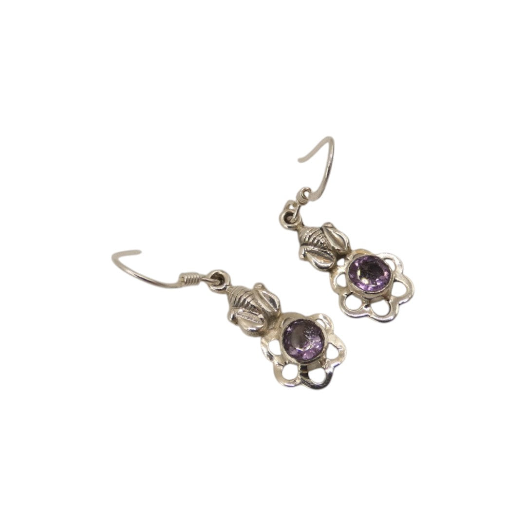 Sterling Silver Amethyst Flower Drop Earrings 1.4"