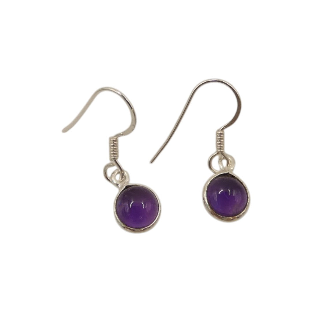 Sterling Silver Amethyst Round Stone Drop Earrings 1.1"