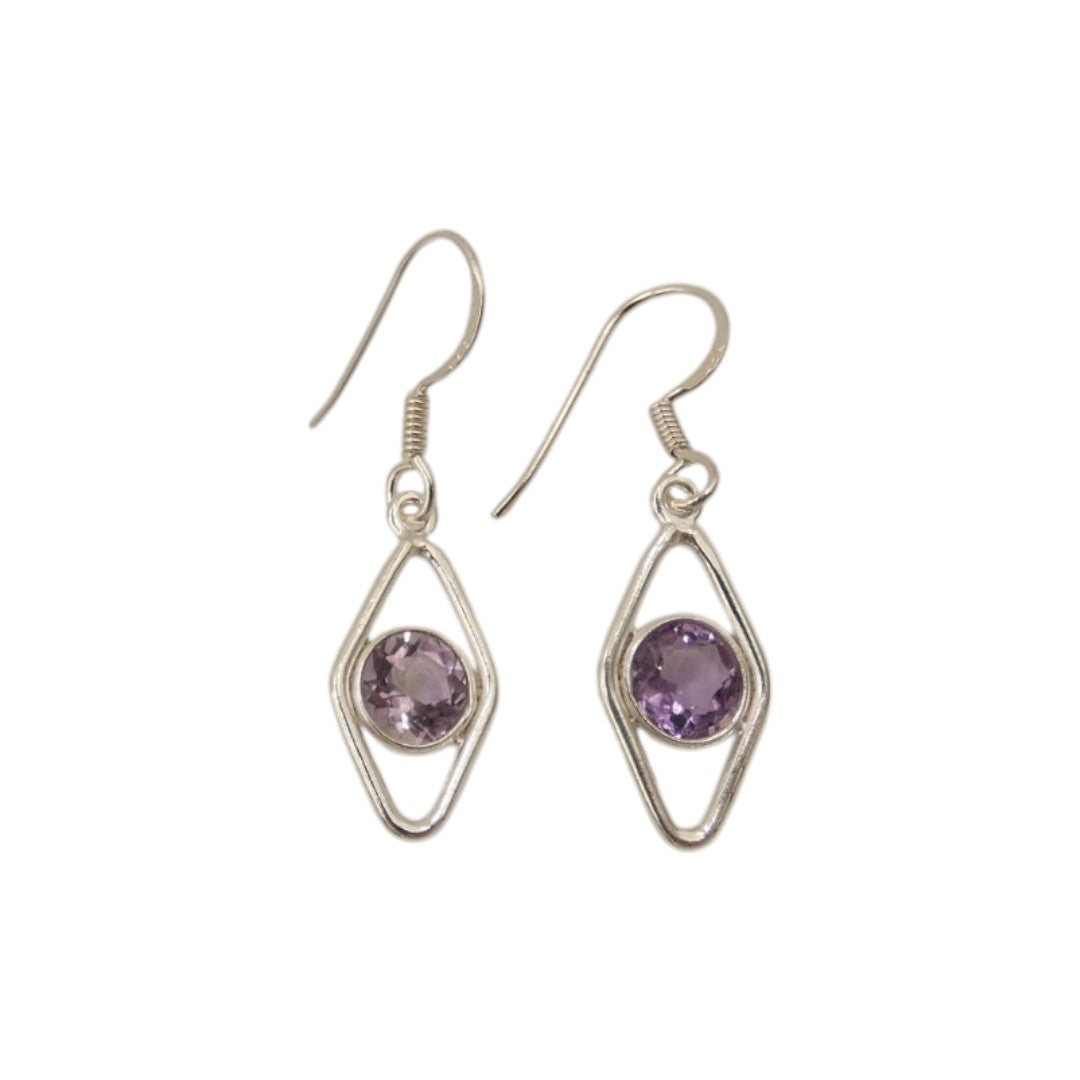 Sterling Silver Amethyst Open Diamond Shape Earrings 1.3"