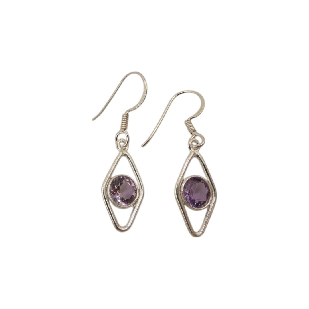 Sterling Silver Amethyst Open Diamond Shape Earrings 1.3"