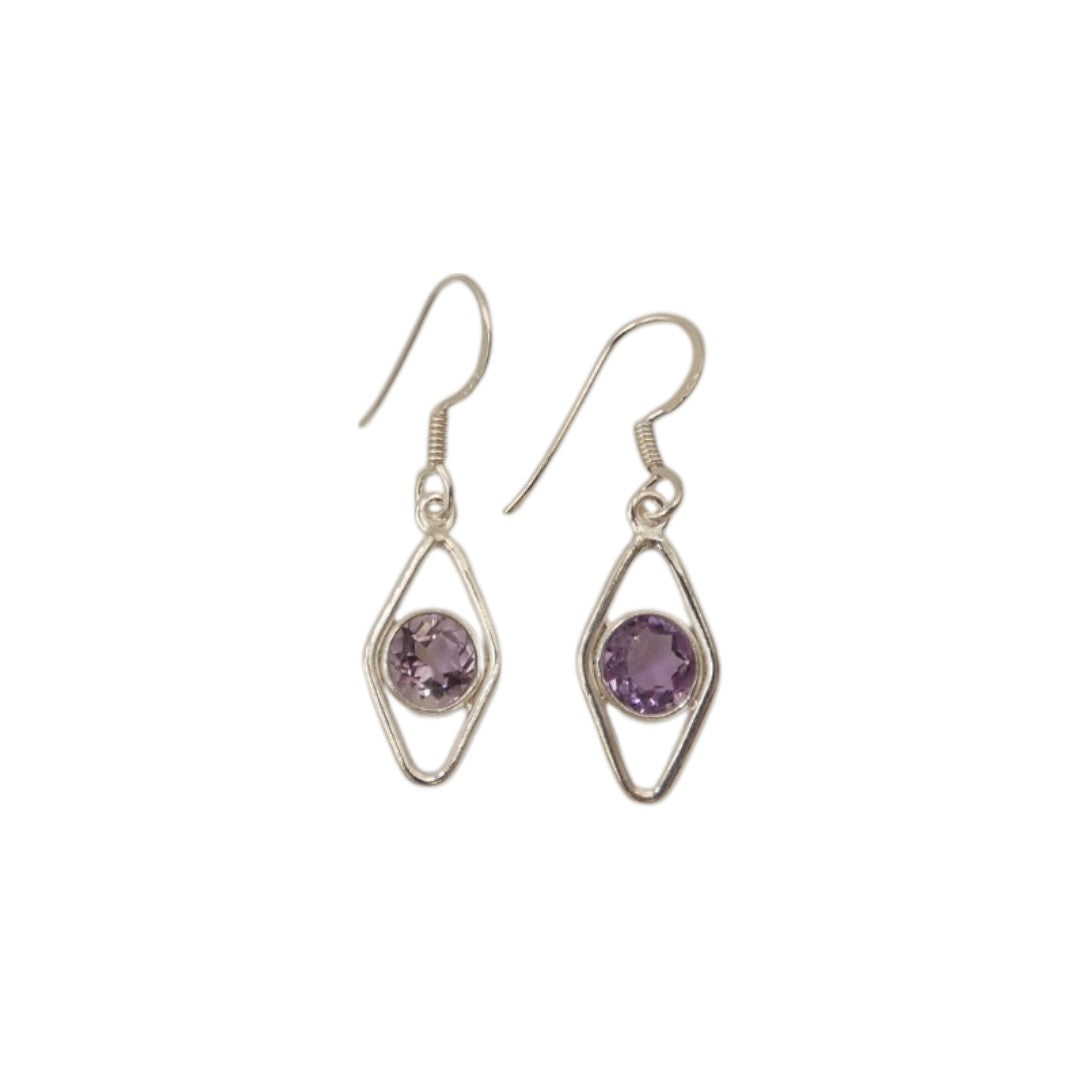 Sterling Silver Amethyst Open Diamond Shape Earrings 1.3"