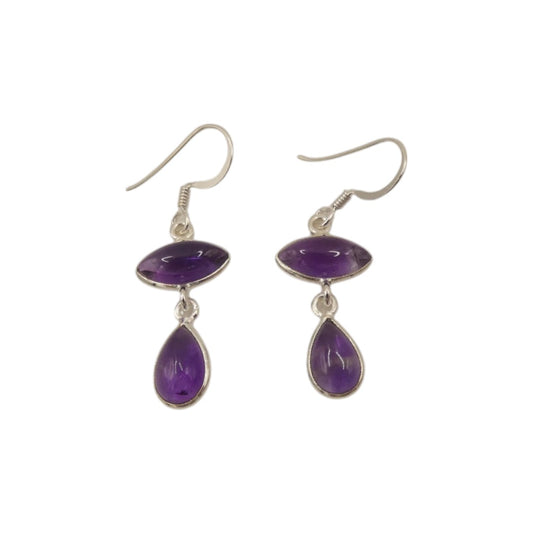 Sterling Silver Amethyst Double Stone Drop Earrings 1.5"