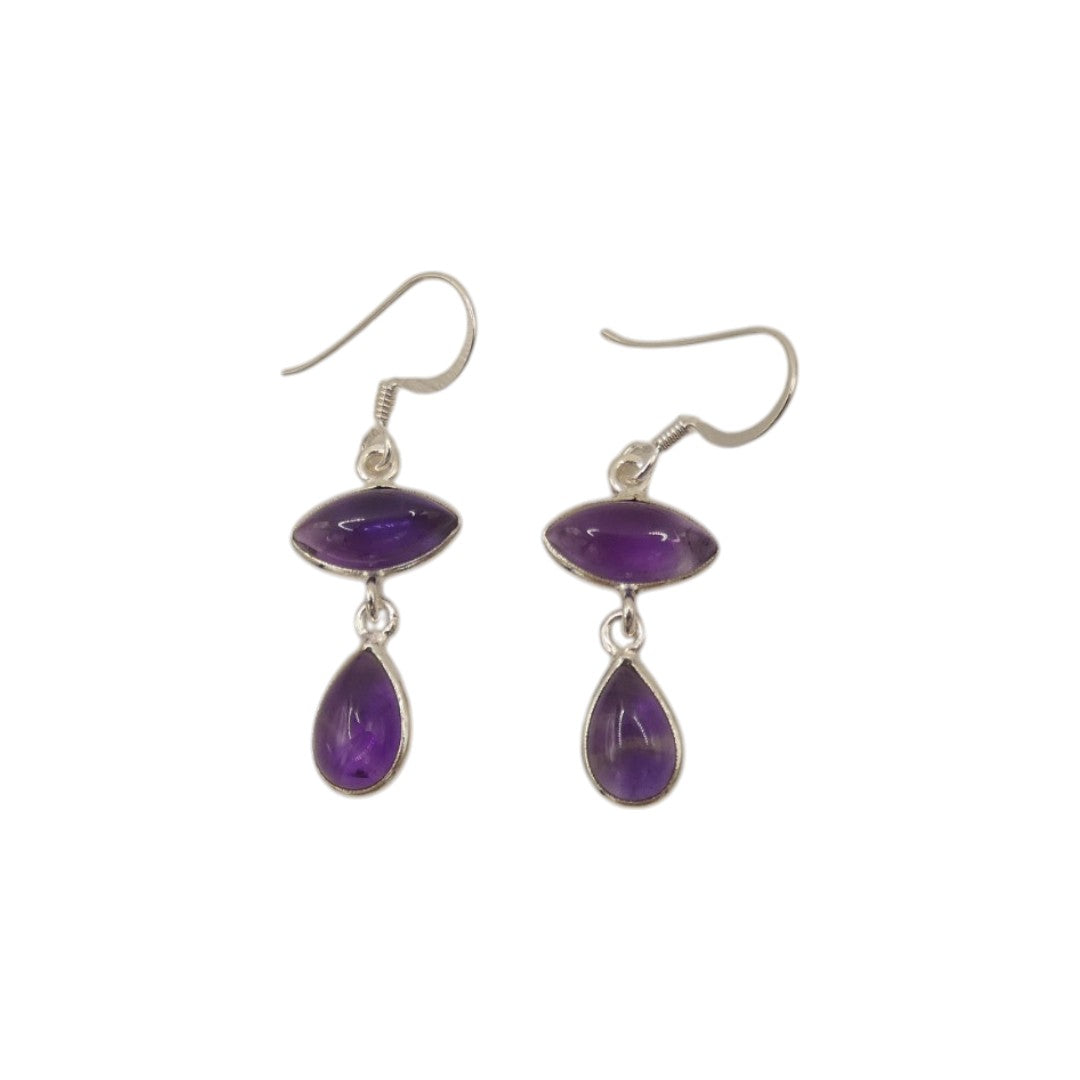 Sterling Silver Amethyst Double Stone Drop Earrings 1.5"