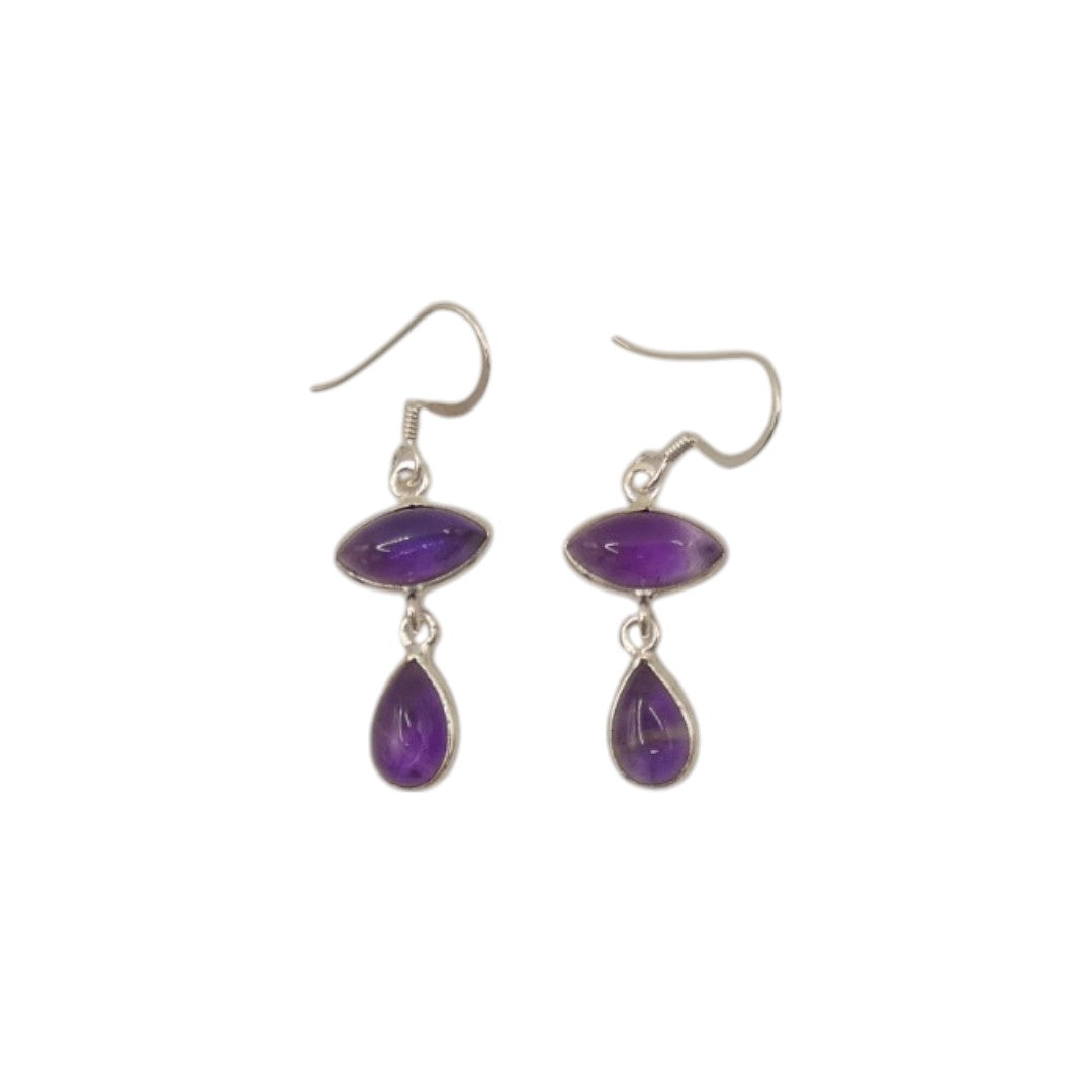 Sterling Silver Amethyst Double Stone Drop Earrings 1.5"