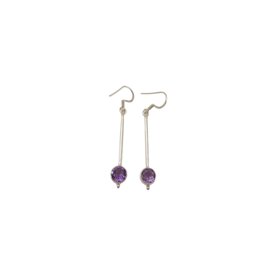 Sterling Silver Amethyst Straight Drop Earrings With Round Stone 2"