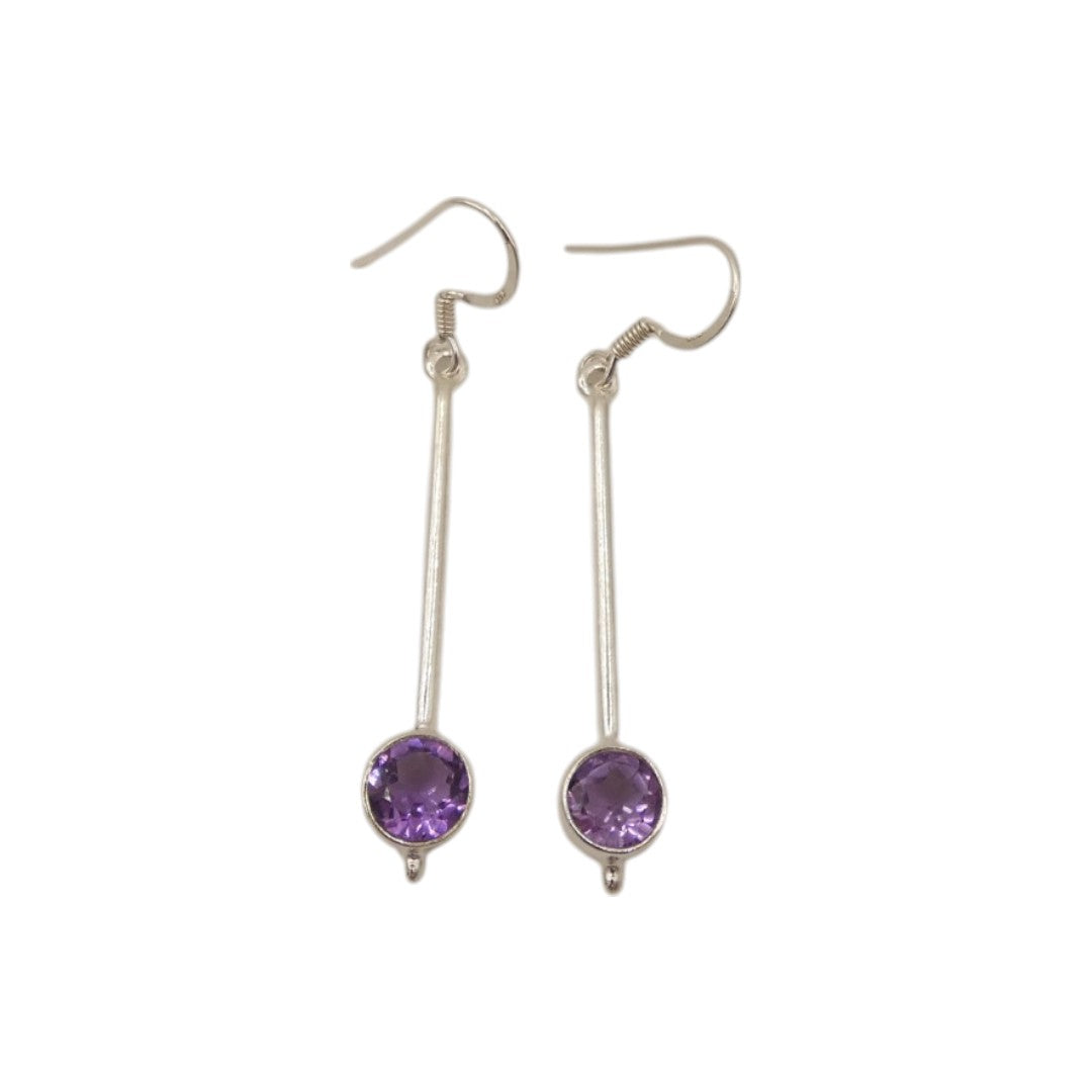 Sterling Silver Amethyst Straight Drop Earrings With Round Stone 2"