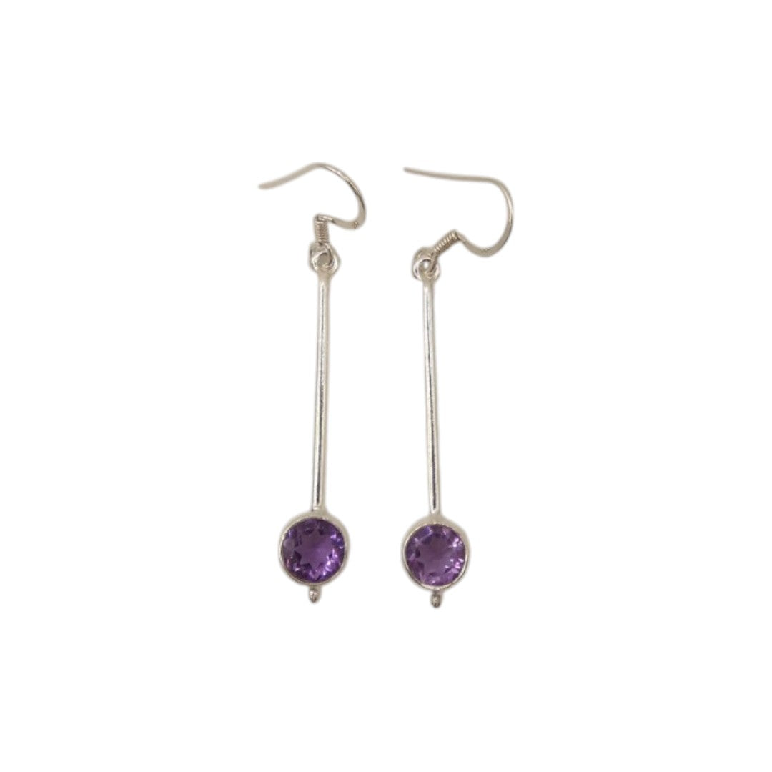 Sterling Silver Amethyst Straight Drop Earrings With Round Stone 2"