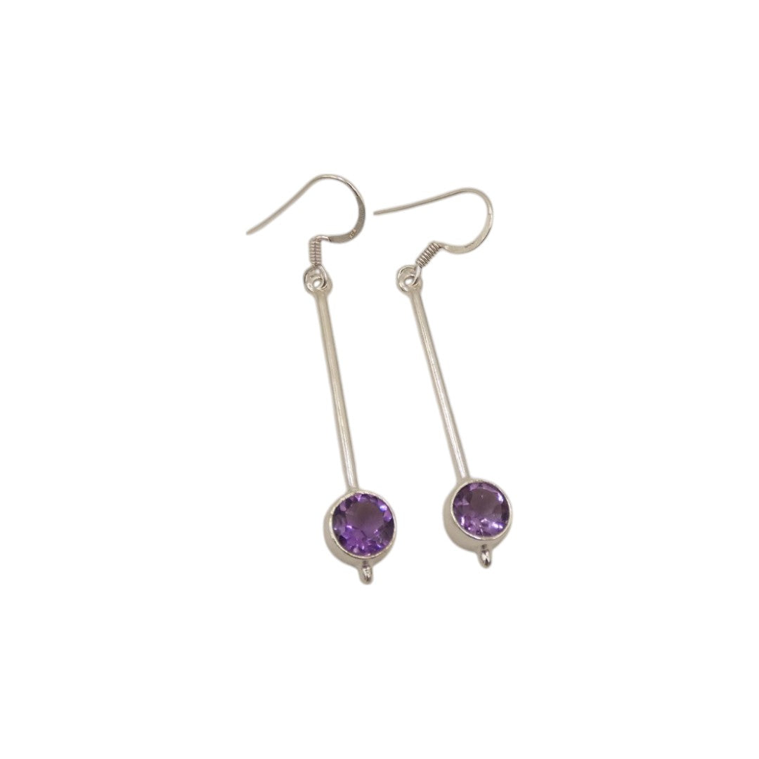 Sterling Silver Amethyst Straight Drop Earrings With Round Stone 2"