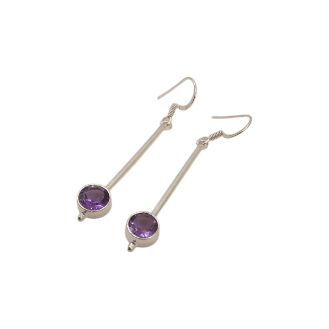 Sterling Silver Amethyst Straight Drop Earrings With Round Stone 2"