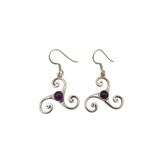 Sterling Silver Amethyst Triskele Earrings With Centre Stone 1.5"