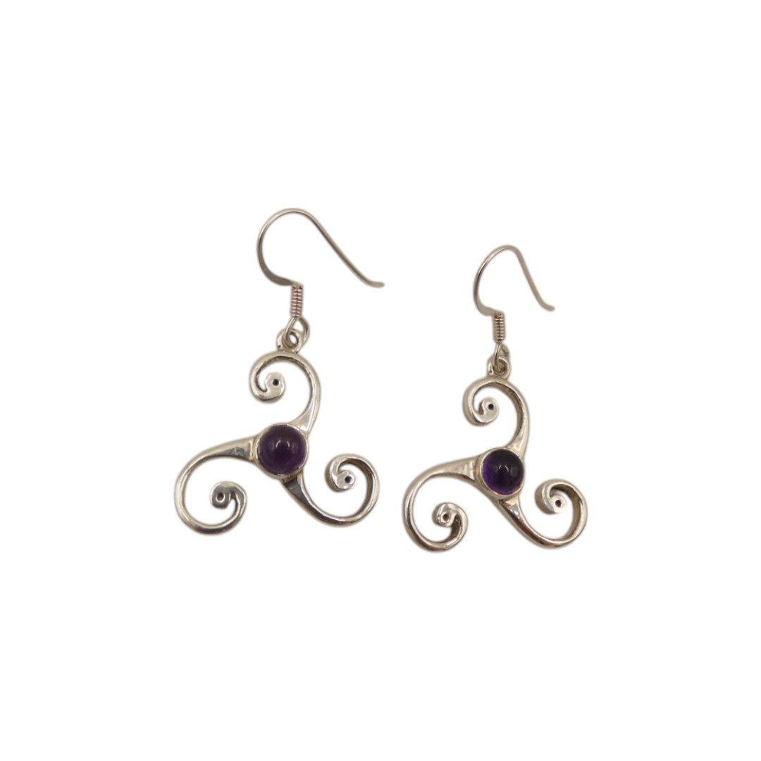 Sterling Silver Amethyst Triskele Earrings With Centre Stone 1.5"