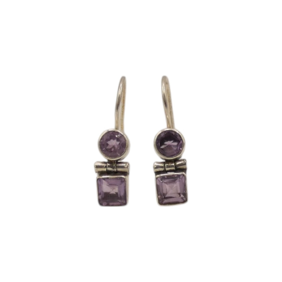 Sterling Silver Amethyst Circle And Square Double Stone Drop Earrings 1"