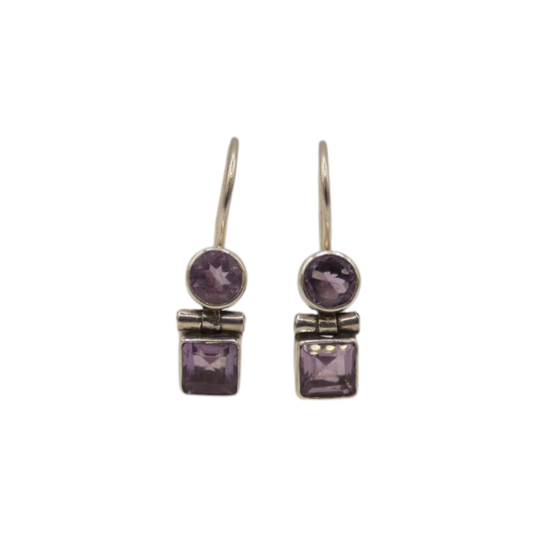 Sterling Silver Amethyst Circle And Square Double Stone Drop Earrings 1"