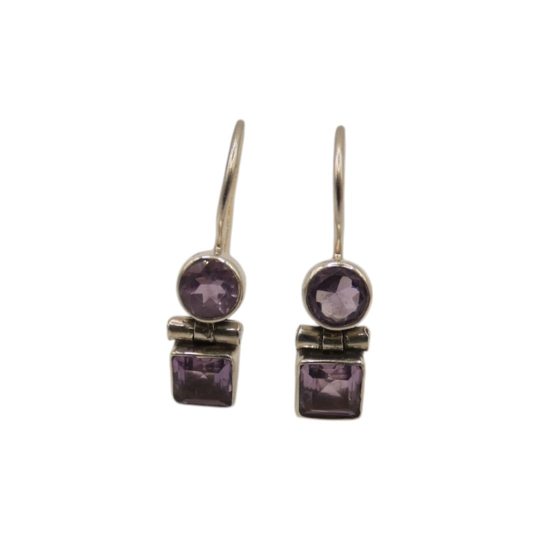 Sterling Silver Amethyst Circle And Square Double Stone Drop Earrings 1"