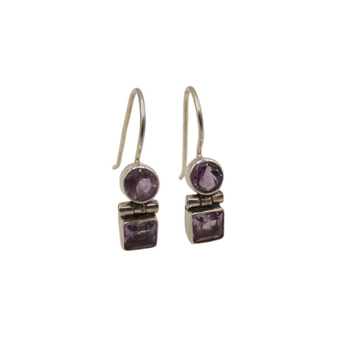 Sterling Silver Amethyst Circle And Square Double Stone Drop Earrings 1"