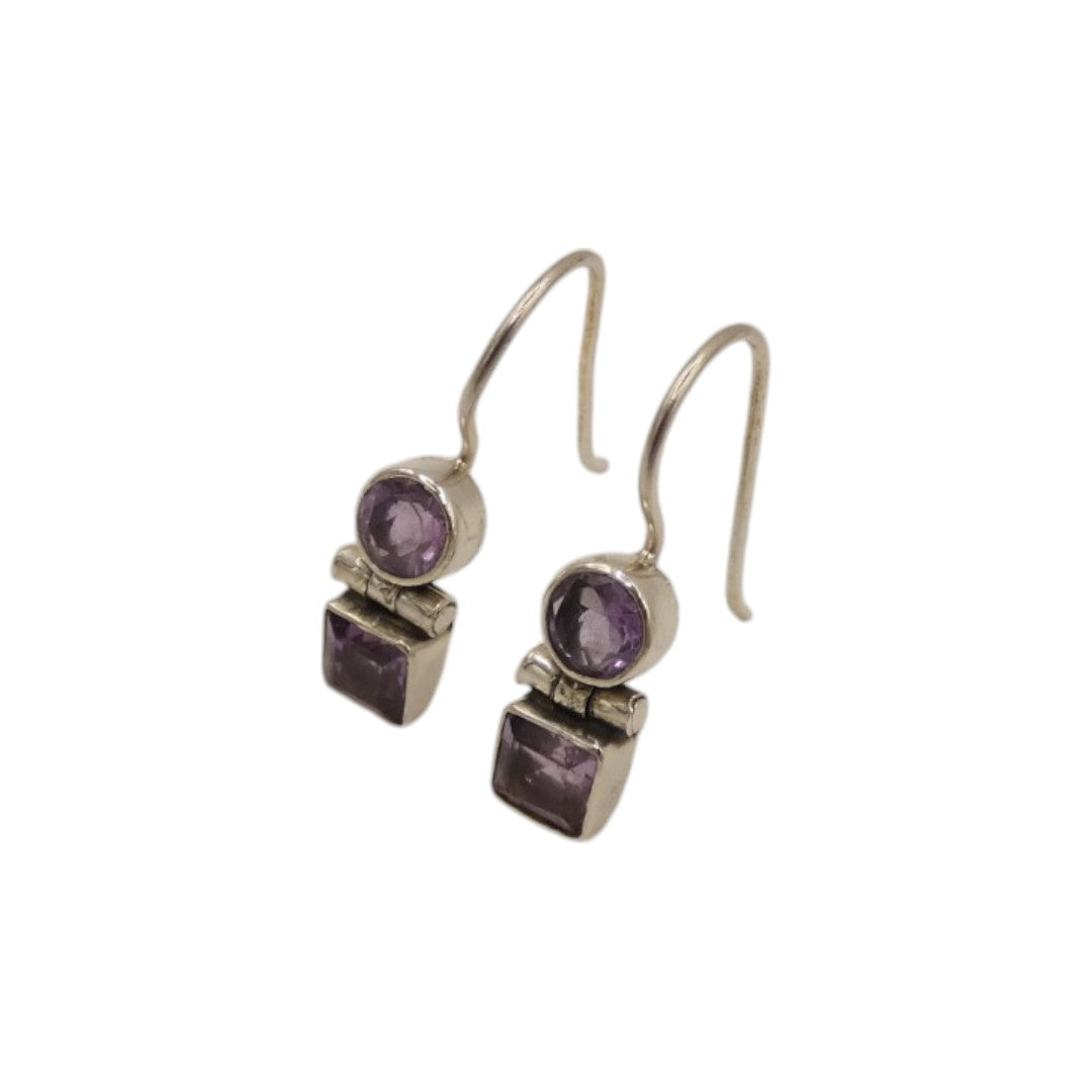 Sterling Silver Amethyst Circle And Square Double Stone Drop Earrings 1"