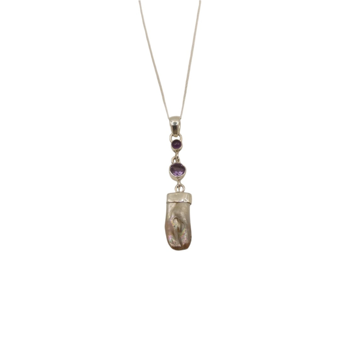 Sterling Silver Amethyst And Biwa Pearl Necklace