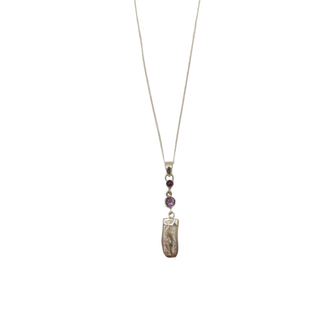 Sterling Silver Amethyst And Biwa Pearl Necklace