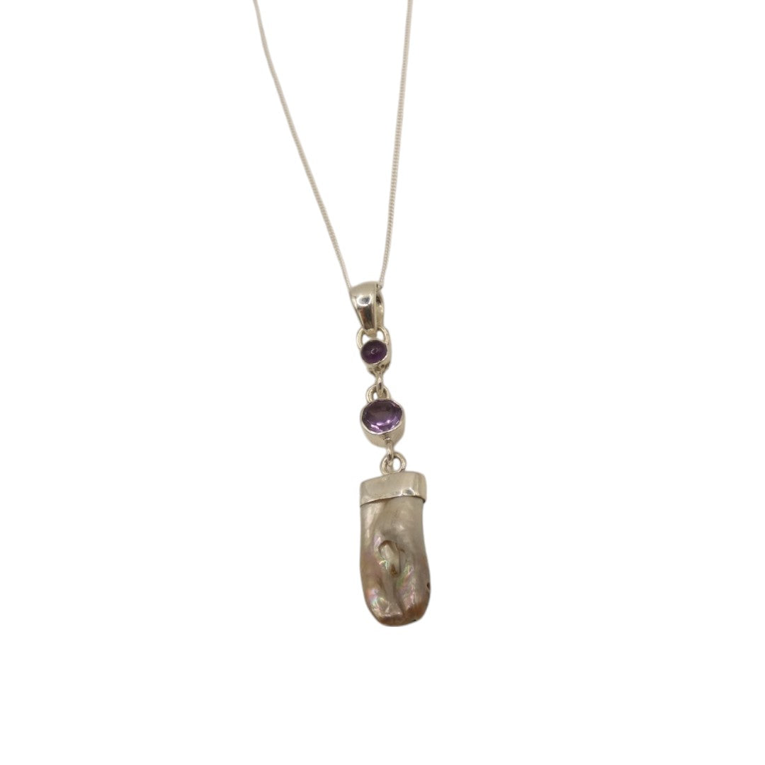 Sterling Silver Amethyst And Biwa Pearl Necklace