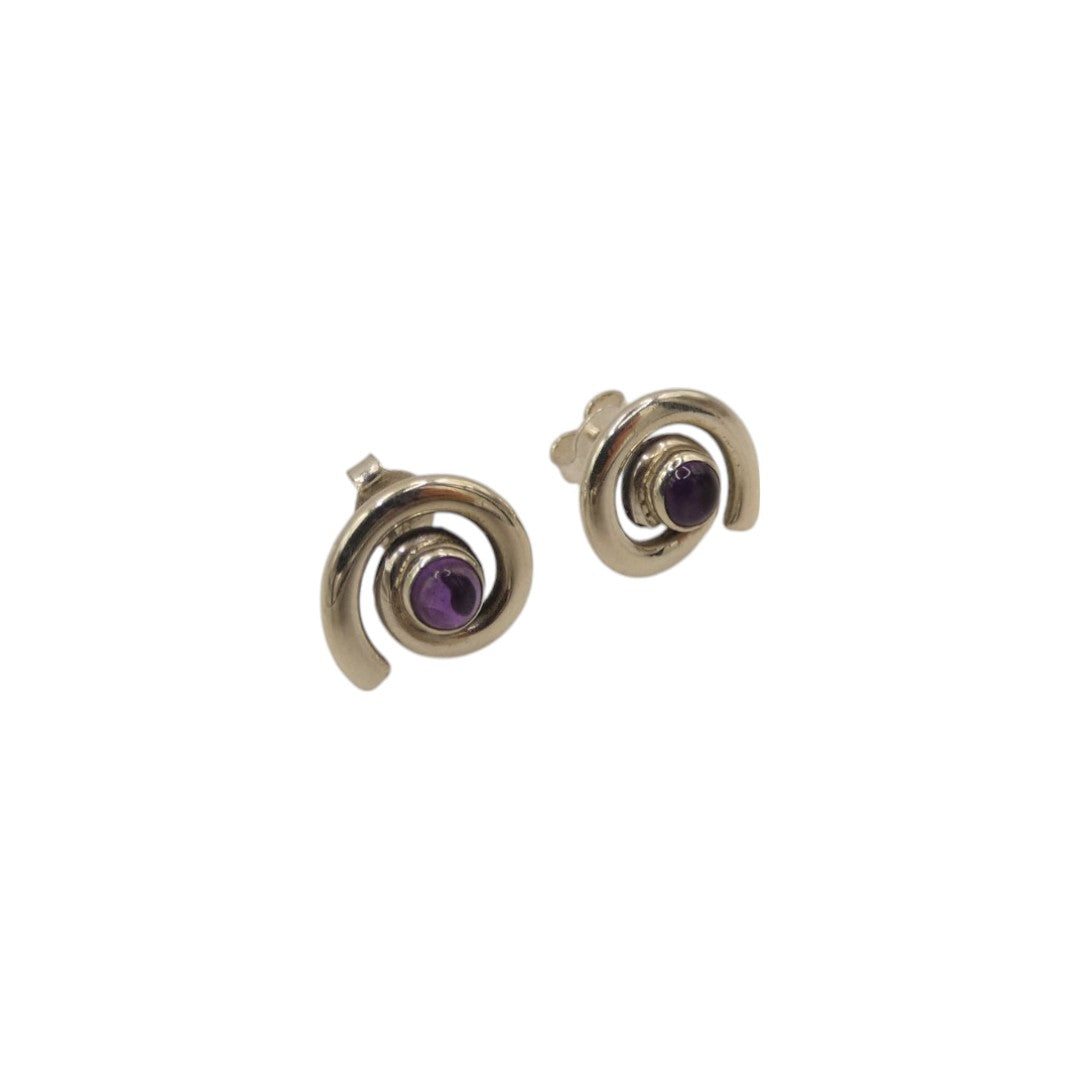 Sterling Silver Amethyst Swirl Stud Earrings With Centre Stone 0.6"