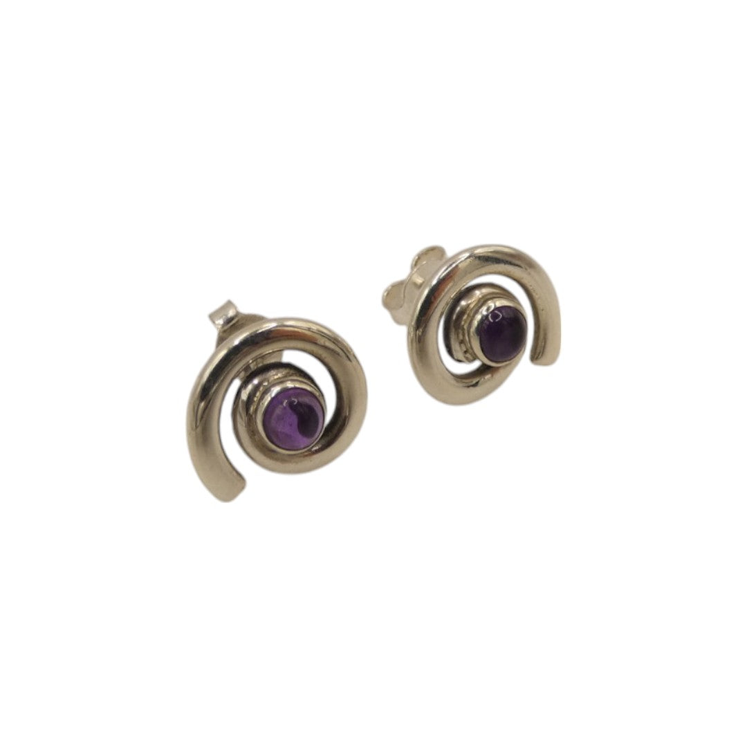 Sterling Silver Amethyst Swirl Stud Earrings With Centre Stone 0.6"