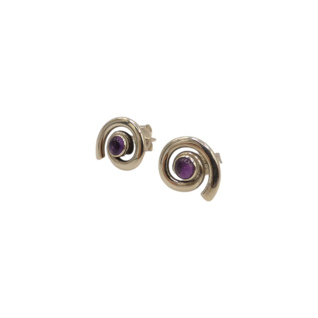 Sterling Silver Amethyst Swirl Stud Earrings With Centre Stone 0.6"