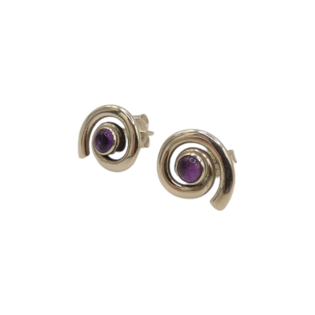 Sterling Silver Amethyst Swirl Stud Earrings With Centre Stone 0.6"