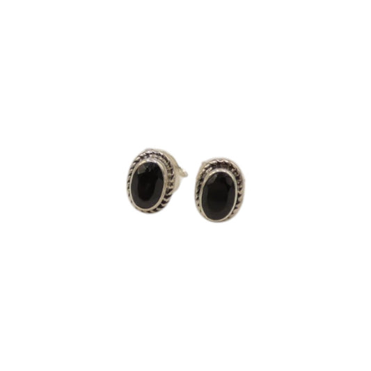 Sterling Silver Black Onyx Ornate Oval Stud Earrings 0.4"