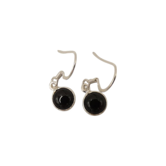 Sterling Silver Black Onyx Round Stone Drop Earrings 1.1"