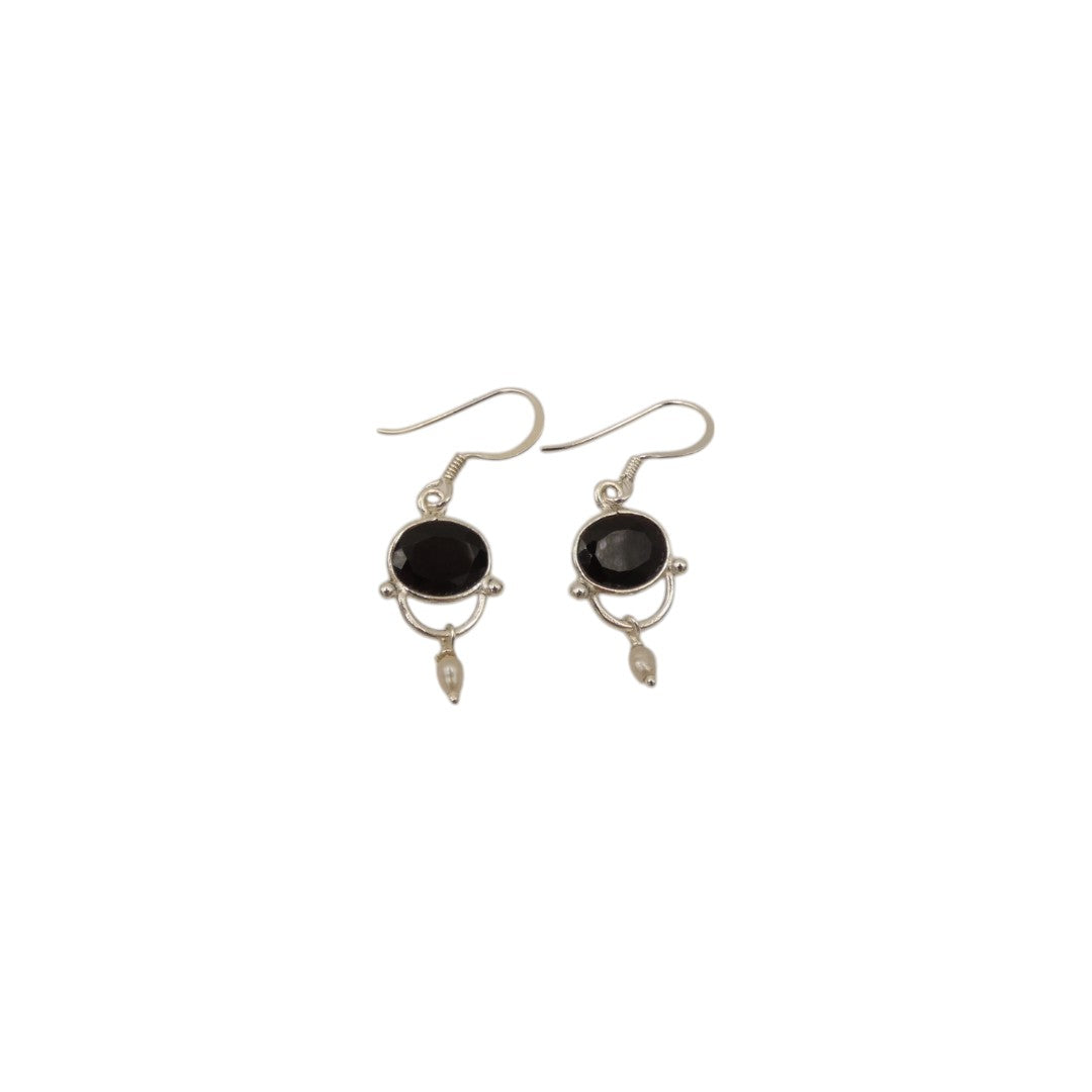 Sterling Silver Black Onyx Drop Earrings With Pearl 1.6"