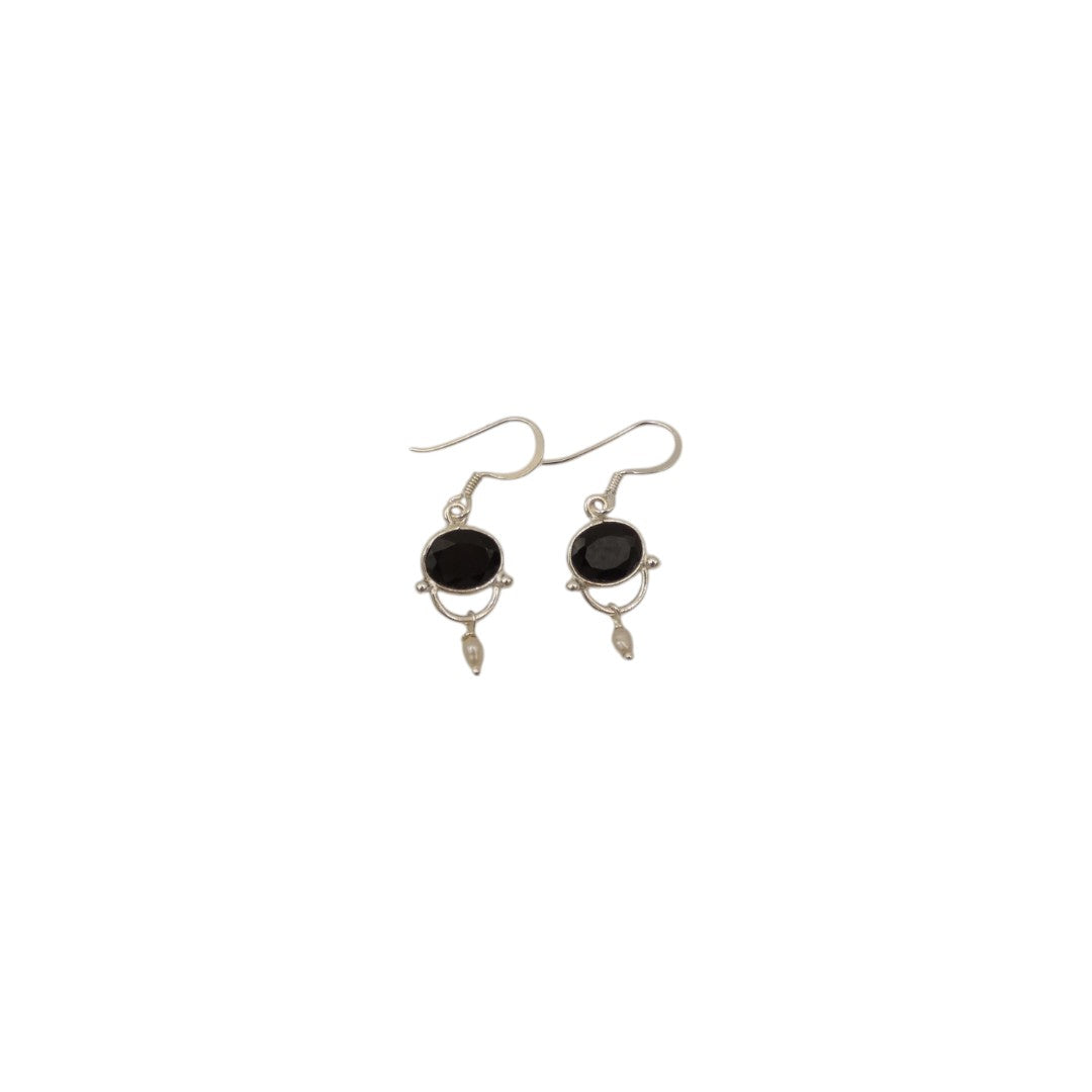 Sterling Silver Black Onyx Drop Earrings With Pearl 1.6"