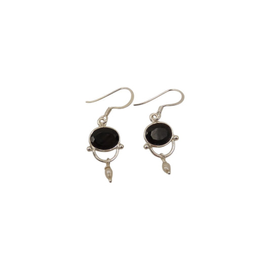 Sterling Silver Black Onyx Drop Earrings With Pearl 1.6"